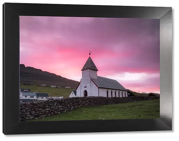 Church of Vidareidi village at sunrise, Vidoy Island, Faroe Islands, Denmark, Europe