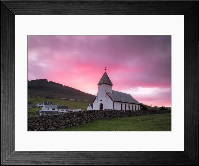 Framed Print : Church of Vidareidi village at sunrise, Vidoy Island, Faroe Islands, Denmark, Europe Framed Print : Church of Vidareidi village at sunrise, Vidoy Island, Faroe Islands, Denmark, Europe