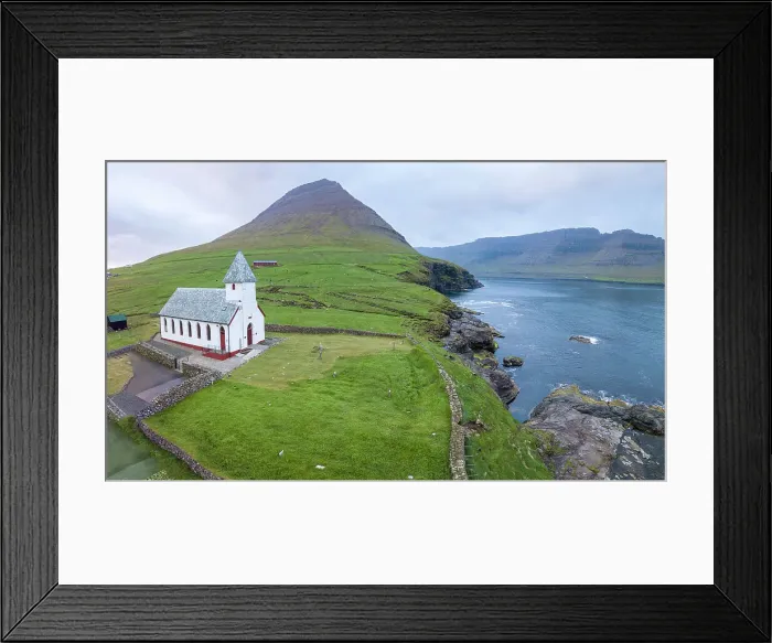 Framed Print : Panoramic of Church of Vidareidi by the sea, Vidoy Island, Faroe Islands, Denmark Framed Print : Panoramic of Church of Vidareidi by the sea, Vidoy Island, Faroe Islands, Denmark