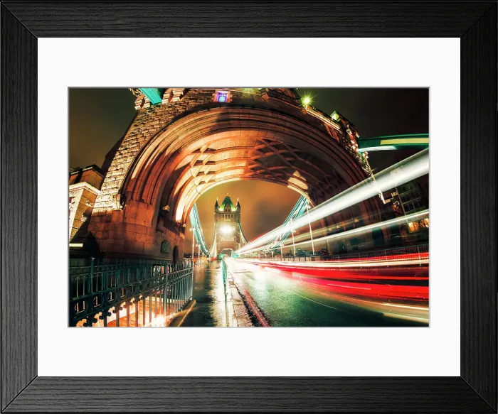 Framed Print : Fisheye view of traffic trail lights on Tower Bridge at night, Southwark, London