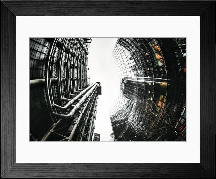 Framed Print : Fisheye view of Lloyds and Willis buildings, financial district, City of London, England Framed Print : Fisheye view of Lloyds and Willis buildings, financial district, City of London, England