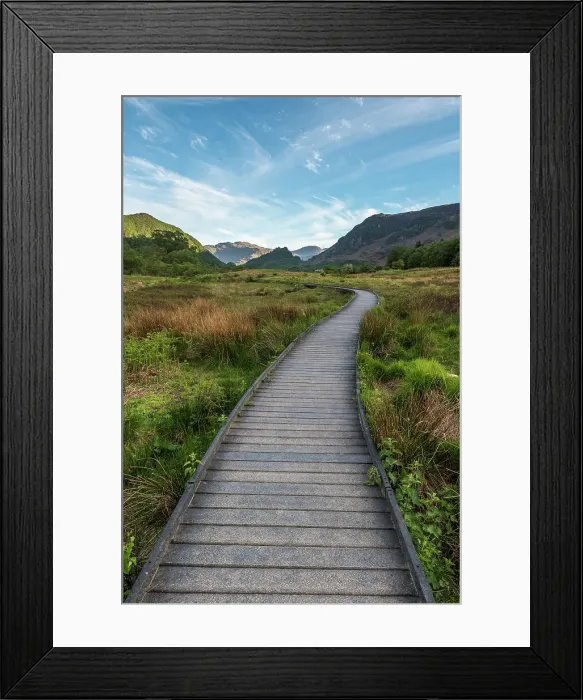 Framed Print : A raised path in the Borrowdale Valley with Castle Crag the prominent hill in the centre of image Framed Print : A raised path in the Borrowdale Valley with Castle Crag the prominent hill in the centre of image