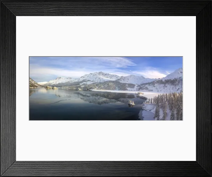 Framed Print : Aerial panoramic view of Lake Sils and Plaun da Lej during winter, Maloja Region