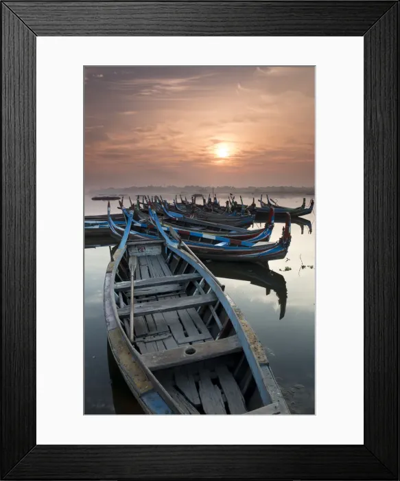 Framed Print : Fishing boats at sunrise on Lake Taungthaman near Amarapura, Myanmar (Burma), Asia Framed Print : Fishing boats at sunrise on Lake Taungthaman near Amarapura, Myanmar (Burma), Asia