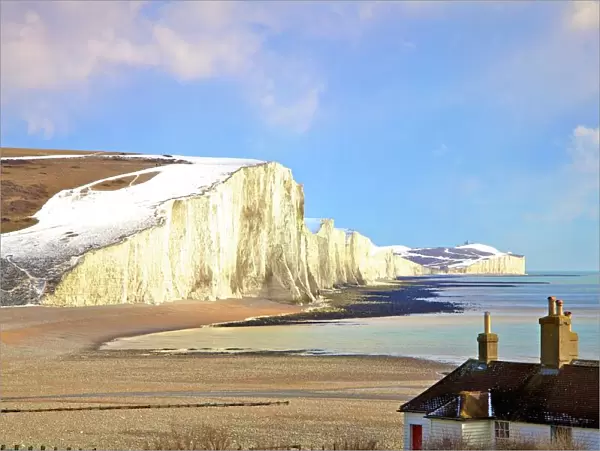 Snow on The Seven Sisters and Coastguard Cottages, Seaford Head, South Downs National Park