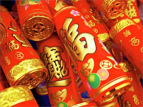 Imitation fire crackers used as Chinese New Year decorations, Hong Kong, China, Asia
