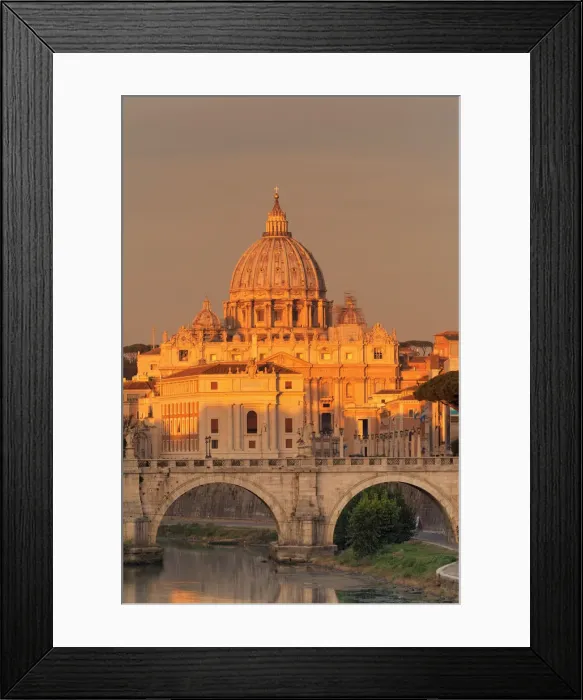 Framed Print : View over Tiber River to Ponte Vittorio Emanuele II Bridge and St. Peters Basilica at sunrise Framed Print : View over Tiber River to Ponte Vittorio Emanuele II Bridge and St. Peters Basilica at sunrise