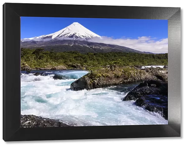 Petrohue rapids, snow-capped, conical Osorno volcano, Vicente Perez Rosales National Park