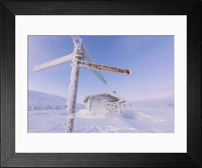 Framed Print : Frozen signage and wood hut, Pallas-Yllastunturi National Park, Muonio, Lapland, Finland Framed Print : Frozen signage and wood hut, Pallas-Yllastunturi National Park, Muonio, Lapland, Finland