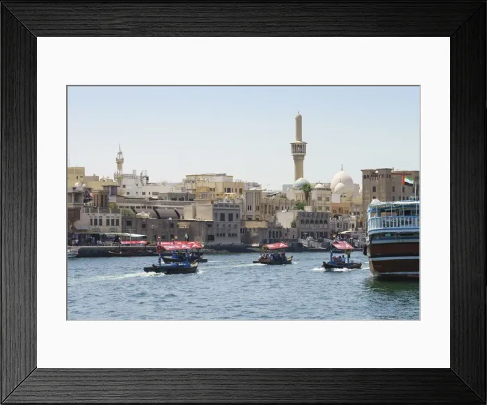Framed Print : Abras, traditional water taxis crossing Dubai Creek between Deira and Bur Dubai, Dubai Framed Print : Abras, traditional water taxis crossing Dubai Creek between Deira and Bur Dubai, Dubai