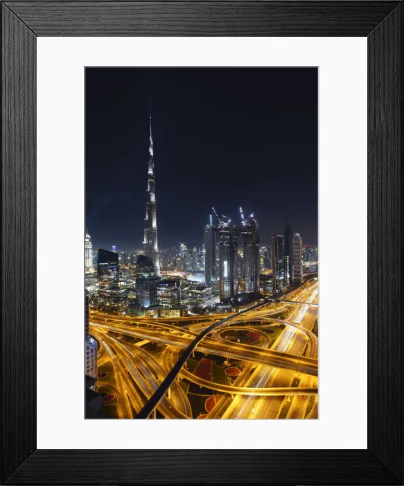 Framed Print : Dubai skyline and Sheikh Zayed Road Interchange by night, Dubai, United Arab Emirates Framed Print : Dubai skyline and Sheikh Zayed Road Interchange by night, Dubai, United Arab Emirates