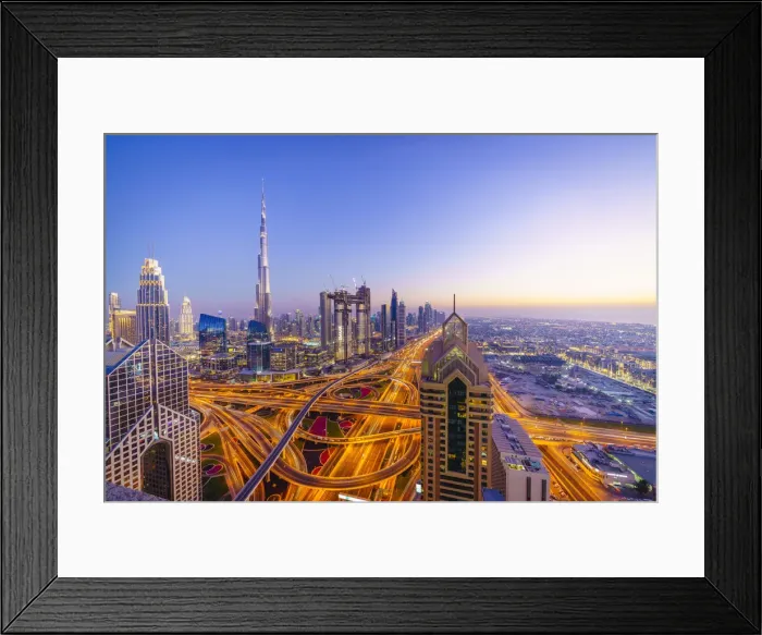 Framed Print : Dubai skyline with Burj Khalifa and Sheikh Zayed Road Interchange, Dubai, United Arab Emirates Framed Print : Dubai skyline with Burj Khalifa and Sheikh Zayed Road Interchange, Dubai, United Arab Emirates