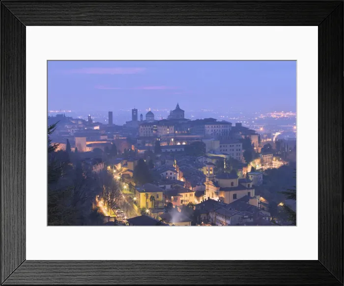 Framed Print : Twilight view of upper city of Bergamo, Lombardy, Italy, Europe Framed Print : Twilight view of upper city of Bergamo, Lombardy, Italy, Europe