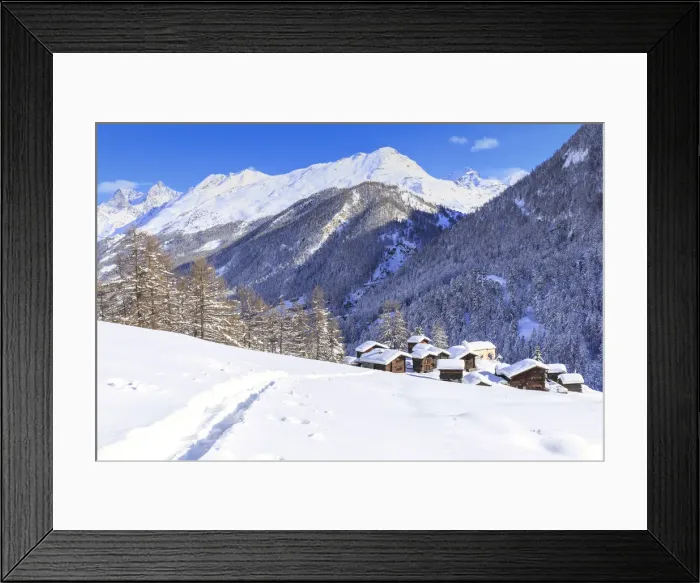 Framed Print : A trail in the snow leads to the traditional huts of Blatten, Zermatt, Canton of Valais (Wallis) Framed Print : A trail in the snow leads to the traditional huts of Blatten, Zermatt, Canton of Valais (Wallis)