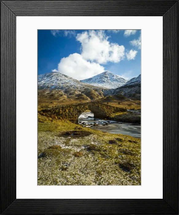 Framed Print : View of mountains and Cattle Bridge in winter, in the Argyll Forest and National Park Framed Print : View of mountains and Cattle Bridge in winter, in the Argyll Forest and National Park