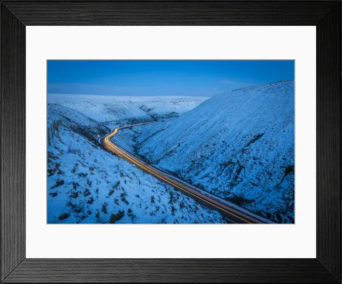 Framed Print : Winter landscape and trail lights on Snake Pass, Peak District National Park, Derbyshire Framed Print : Winter landscape and trail lights on Snake Pass, Peak District National Park, Derbyshire