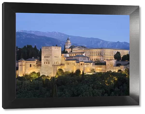The Alhambra, UNESCO World Heritage Site, and Sierra Nevada mountains from Mirador de San Nicolas
