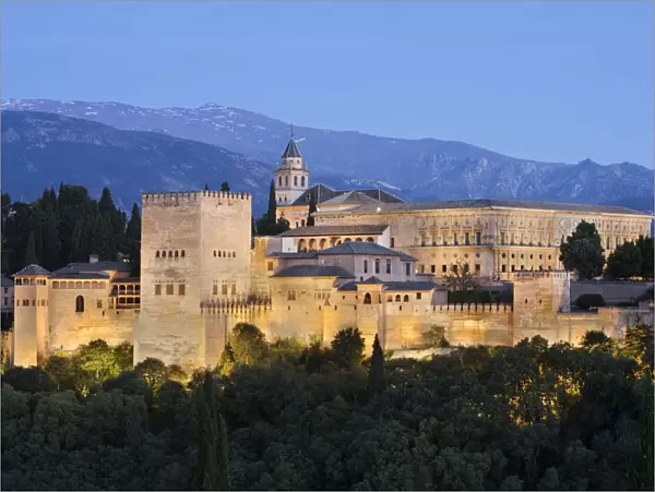 The Alhambra, UNESCO World Heritage Site, and Sierra Nevada mountains from Mirador de San Nicolas
