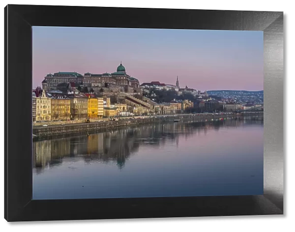 View of Budapest Castle reflecting in the Danube River during early morning, UNESCO