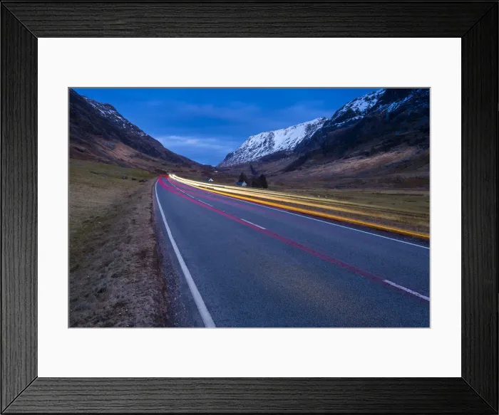 Framed Print : View of road through the Glencoe Valley at dusk, Glencoe, Highland Region, Scotland