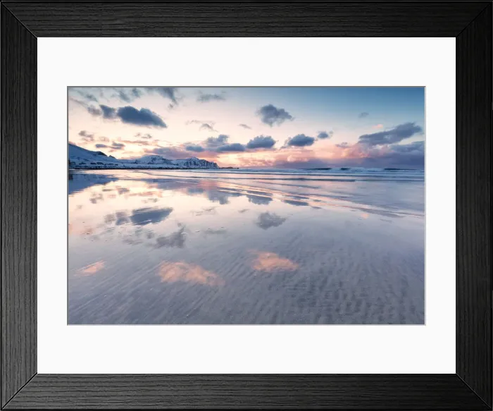 Framed Print : Skagsanden Beach at sunset, Flakstad municipality, Lofoten Islands, Nordland, Norway Framed Print : Skagsanden Beach at sunset, Flakstad municipality, Lofoten Islands, Nordland, Norway