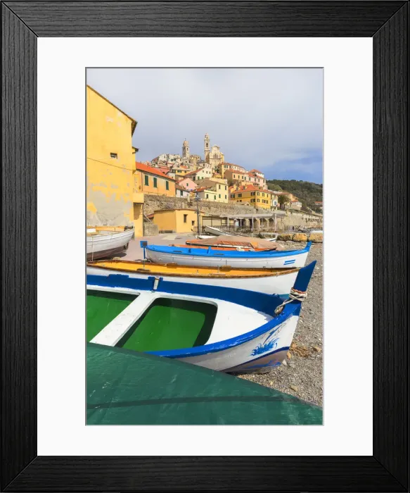 Framed Print : Colourful boats on the beach of Cervo, Imperia province, Liguria, Italy, Europe Framed Print : Colourful boats on the beach of Cervo, Imperia province, Liguria, Italy, Europe