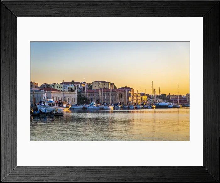 Framed Print : Dusk light over moored boats in the harbour, Chania, Crete, Greek Islands, Greece, Europe Framed Print : Dusk light over moored boats in the harbour, Chania, Crete, Greek Islands, Greece, Europe