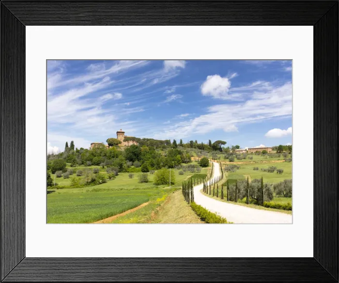 Framed Print : Winding path and cypress trees leading to Palazzo Massaini under blue skies near Pienza Framed Print : Winding path and cypress trees leading to Palazzo Massaini under blue skies near Pienza