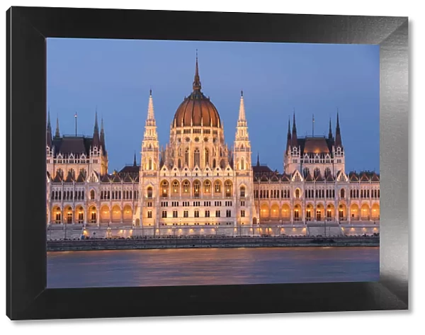 Hungarian Parliament at night on the River Danube, UNESCO World Heritage Site, Budapest