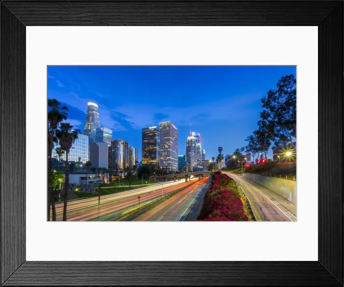 Framed Print : Downtown financial district of Los Angeles city and busy freeway at night, Los Angeles Framed Print : Downtown financial district of Los Angeles city and busy freeway at night, Los Angeles