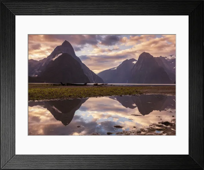 Framed Print : Mitre Peak and Lion Peak sunset reflections, Milford Sound, Fiordland National Park Framed Print : Mitre Peak and Lion Peak sunset reflections, Milford Sound, Fiordland National Park