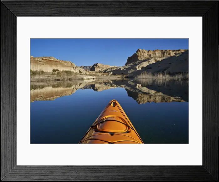 Framed Print : Bluff and stand of bushes reflected in Lake Powell from a kayak, Glen Canyon National Framed Print : Bluff and stand of bushes reflected in Lake Powell from a kayak, Glen Canyon National
