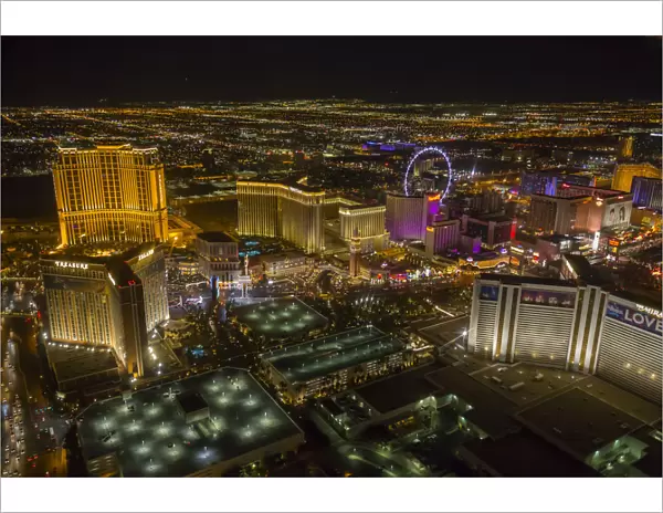 View of Las Vegas and the suburbs from helicopter at night, Las Vegas, Nevada, United