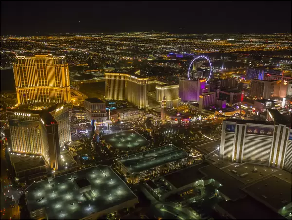 View of Las Vegas and the suburbs from helicopter at night, Las Vegas, Nevada, United