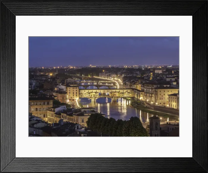 Framed Print : The River Arno and Ponte Vecchio at dusk, UNESCO World Heritage Site, Florence, Tuscany
