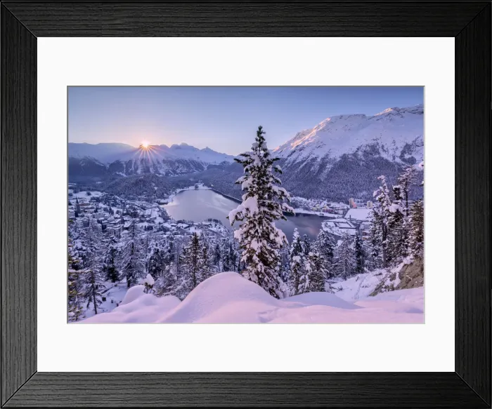 Framed Print : Sunrise over village and Lake of St. Moritz covered with snow, Engadine, Canton of Graubunden Framed Print : Sunrise over village and Lake of St. Moritz covered with snow, Engadine, Canton of Graubunden