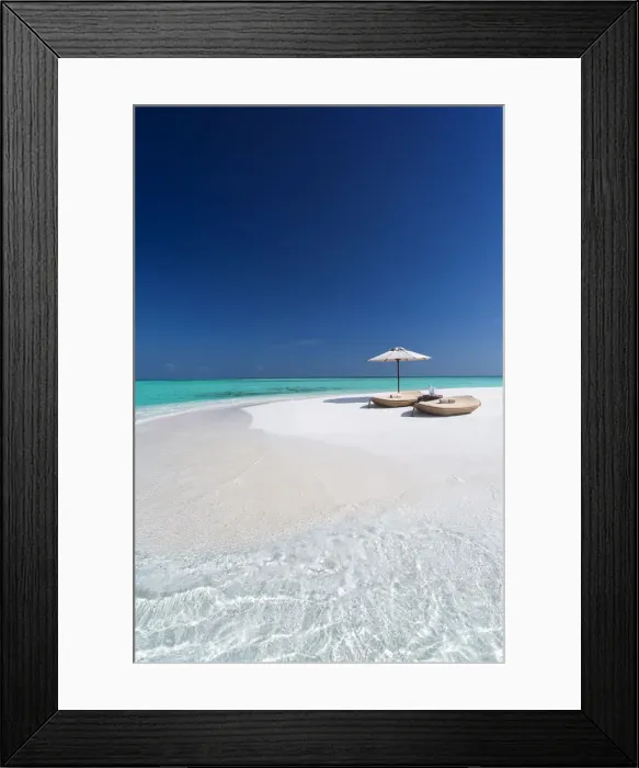 Framed Print : Two lounge chairs with sun umbrella on a tropical beach, The Maldives, Indian Ocean, Asia Framed Print : Two lounge chairs with sun umbrella on a tropical beach, The Maldives, Indian Ocean, Asia