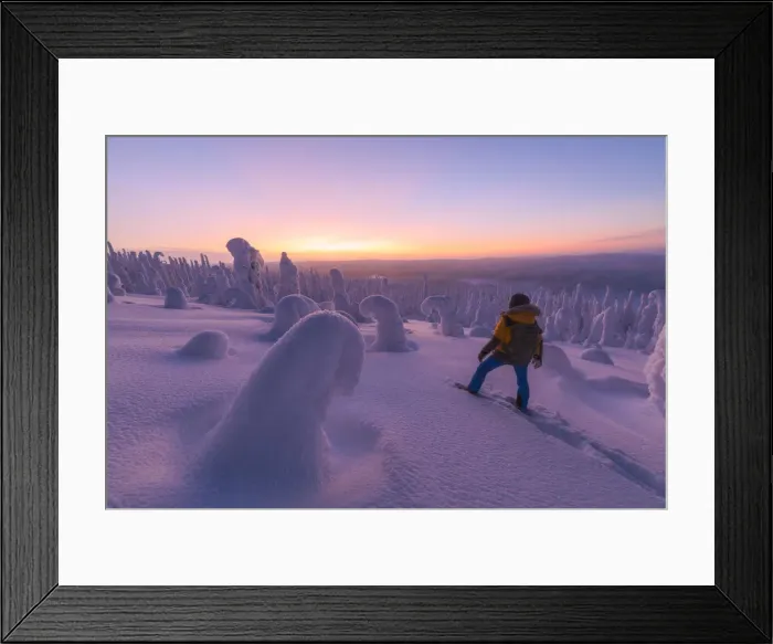 Framed Print : Hiker in the snowy forest at dusk, Riisitunturi National Park, Posio, Lapland, Finland Framed Print : Hiker in the snowy forest at dusk, Riisitunturi National Park, Posio, Lapland, Finland