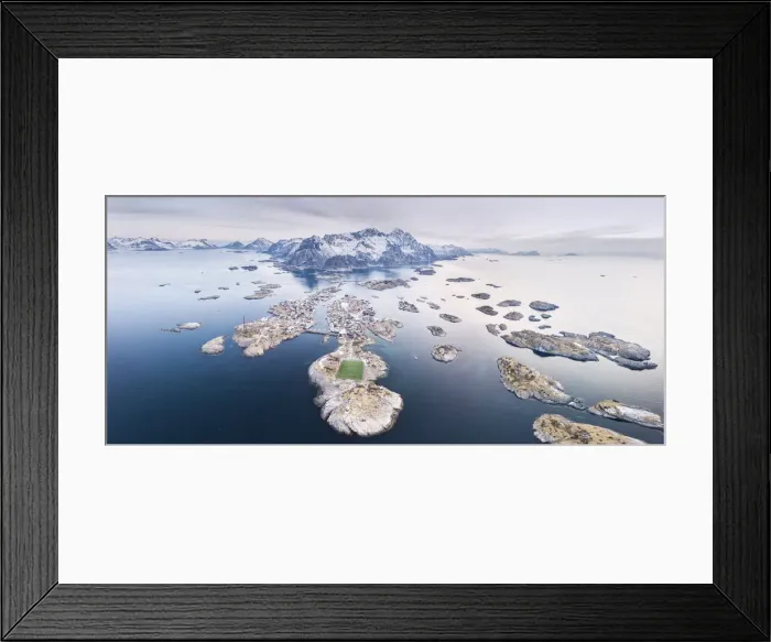 Framed Print : Panoramic aerial view of soccer pitch and islets, Henningsvaer, Vagan municipality Framed Print : Panoramic aerial view of soccer pitch and islets, Henningsvaer, Vagan municipality