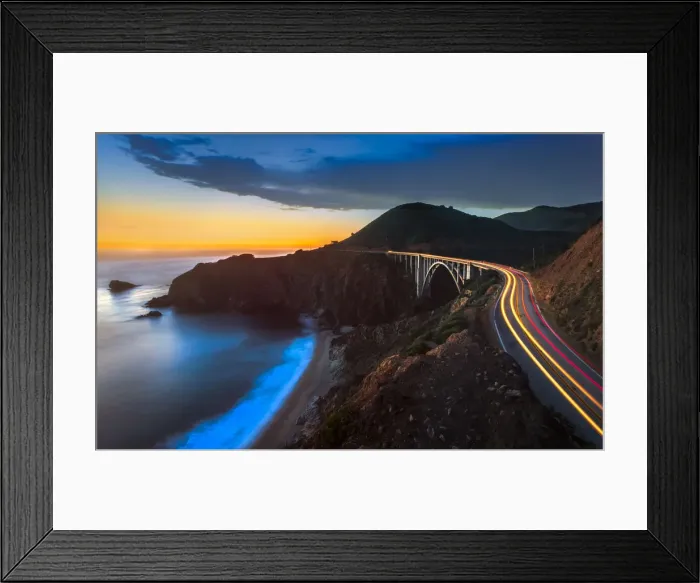 Framed Print : Sunset over Bixby Creek Bridge and car trail lights, Big Sur, California, United States of America Framed Print : Sunset over Bixby Creek Bridge and car trail lights, Big Sur, California, United States of America