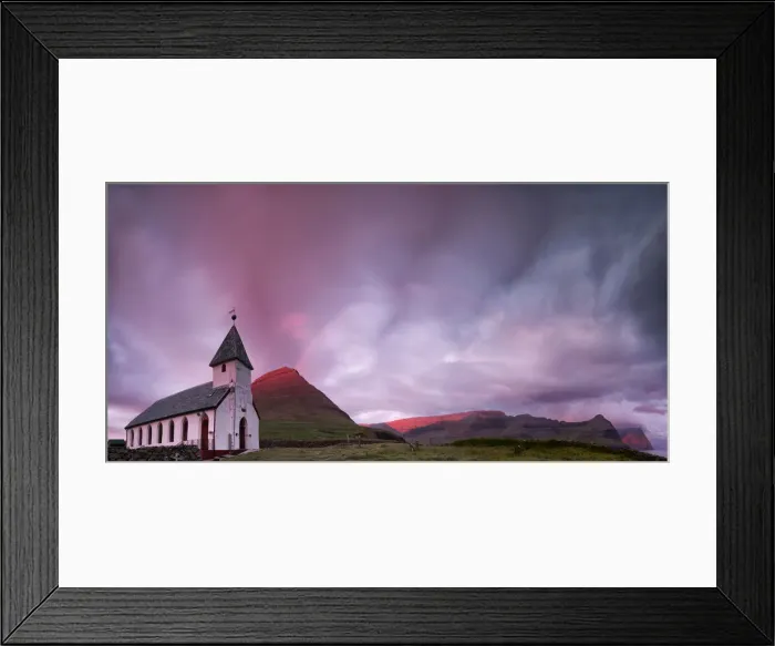 Framed Print : Panoramic of church of Vidareidi at sunrise, Vidoy island, Faroe Islands, Denmark, Europe Framed Print : Panoramic of church of Vidareidi at sunrise, Vidoy island, Faroe Islands, Denmark, Europe