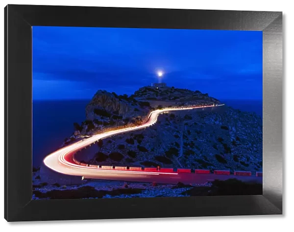Car light trails, Cap Formentor lighthouse, Majorca, Balearic Islands, Spain, Mediterranean