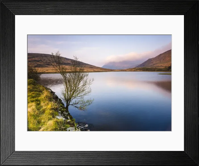 Framed Print : Lake at sunrise near the foot of Snowdon, Snowdonia National Park, North Wales, United Kingdom Framed Print : Lake at sunrise near the foot of Snowdon, Snowdonia National Park, North Wales, United Kingdom