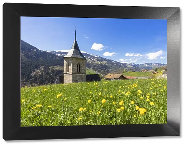 Bell tower surrounded by wildflowers and meadows in spring, Luzein, Prattigau-Davos region