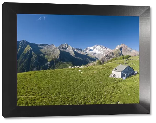 Panoramic aerial view of hut on green meadows, Scermendone Alp, Sondrio province