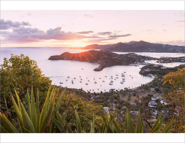 Overview of English Harbour from Shirley Heights at sunset, Antigua, Antigua and Barbuda