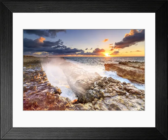 Framed Print : Waves crashing on cliffs at sunrise, Devils Bridge, Antigua, Antigua and Barbuda Framed Print : Waves crashing on cliffs at sunrise, Devils Bridge, Antigua, Antigua and Barbuda