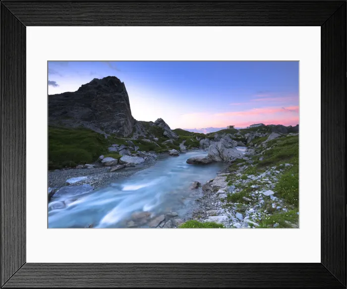 Framed Print : Sunrise at Segnes Hutte, Unterer Segnesboden, Flims, District of Imboden, Canton of Grisons