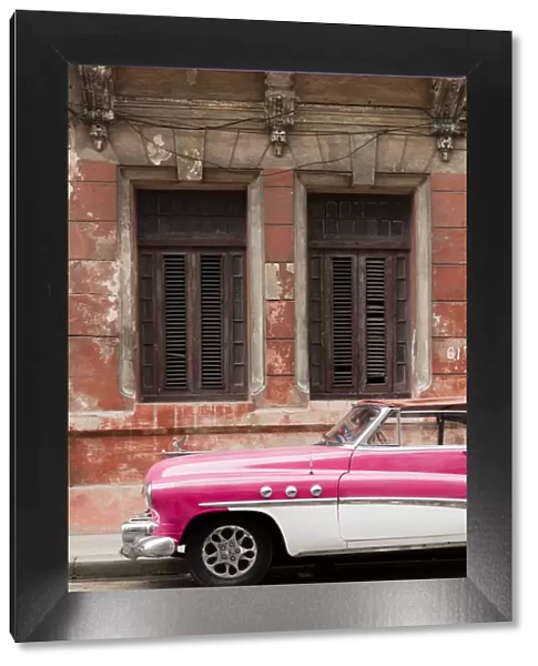 Front half of white and pink old vintage car, Havana, Cuba, West Indies, Caribbean