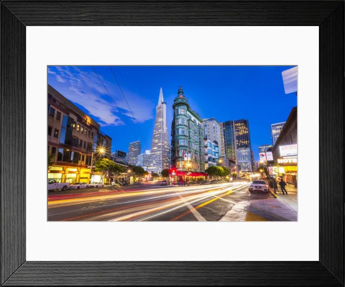 Framed Print : View of Transamerica Pyramid building on Columbus Avenue and car trail lights, San Francisco Framed Print : View of Transamerica Pyramid building on Columbus Avenue and car trail lights, San Francisco